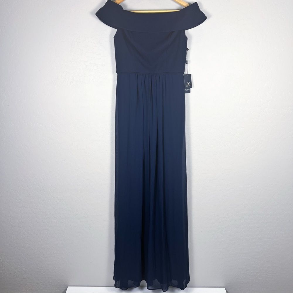 Adrianna Papell Off Shoulder Crepe Chiffon Long Formal Evening Gown Navy 2 NEW - Picture 9 of 15